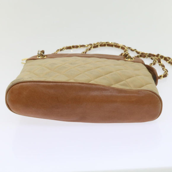 CHANEL Matelasse Chain Shoulder Bag Lamb Skin Beige CC Auth 59907A