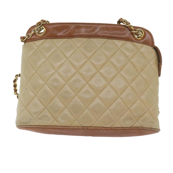 CHANEL Matelasse Chain Shoulder Bag Lamb Skin Beige CC Auth 59907A
