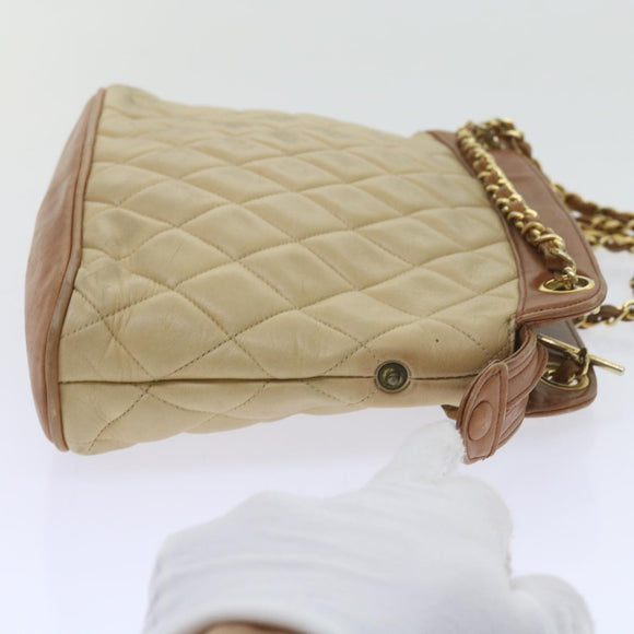 CHANEL Matelasse Chain Shoulder Bag Lamb Skin Beige CC Auth 59907A