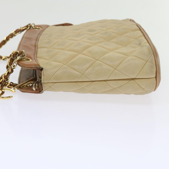 CHANEL Matelasse Chain Shoulder Bag Lamb Skin Beige CC Auth 59907A