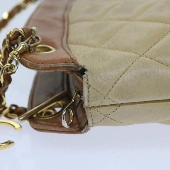 CHANEL Matelasse Chain Shoulder Bag Lamb Skin Beige CC Auth 59907A