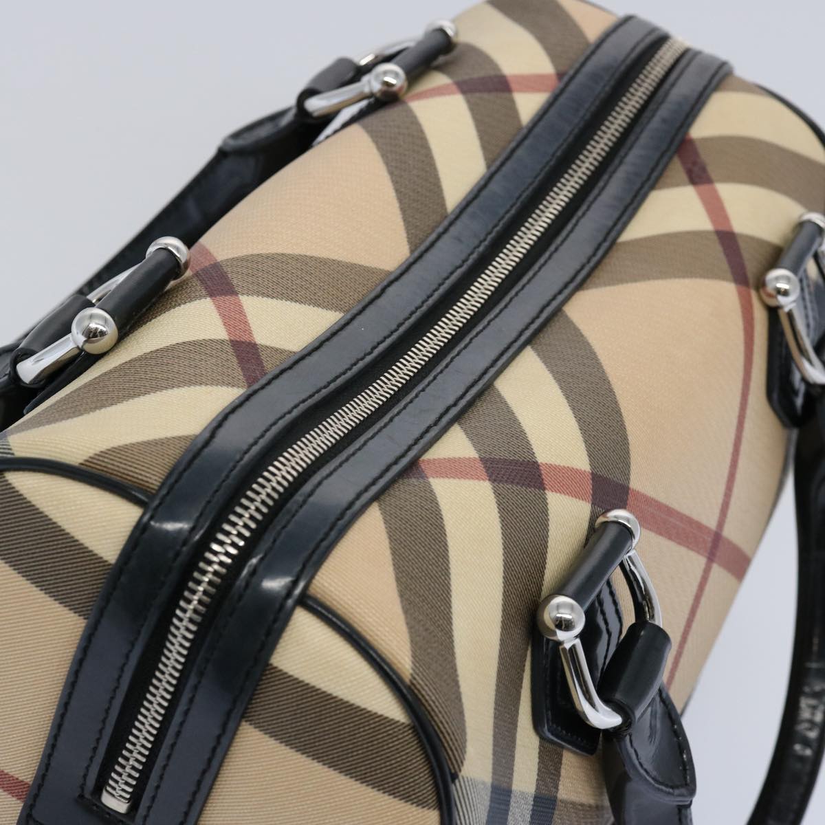 BURBERRY Nova Check Boston Bag PVC Beige Black Auth 59986