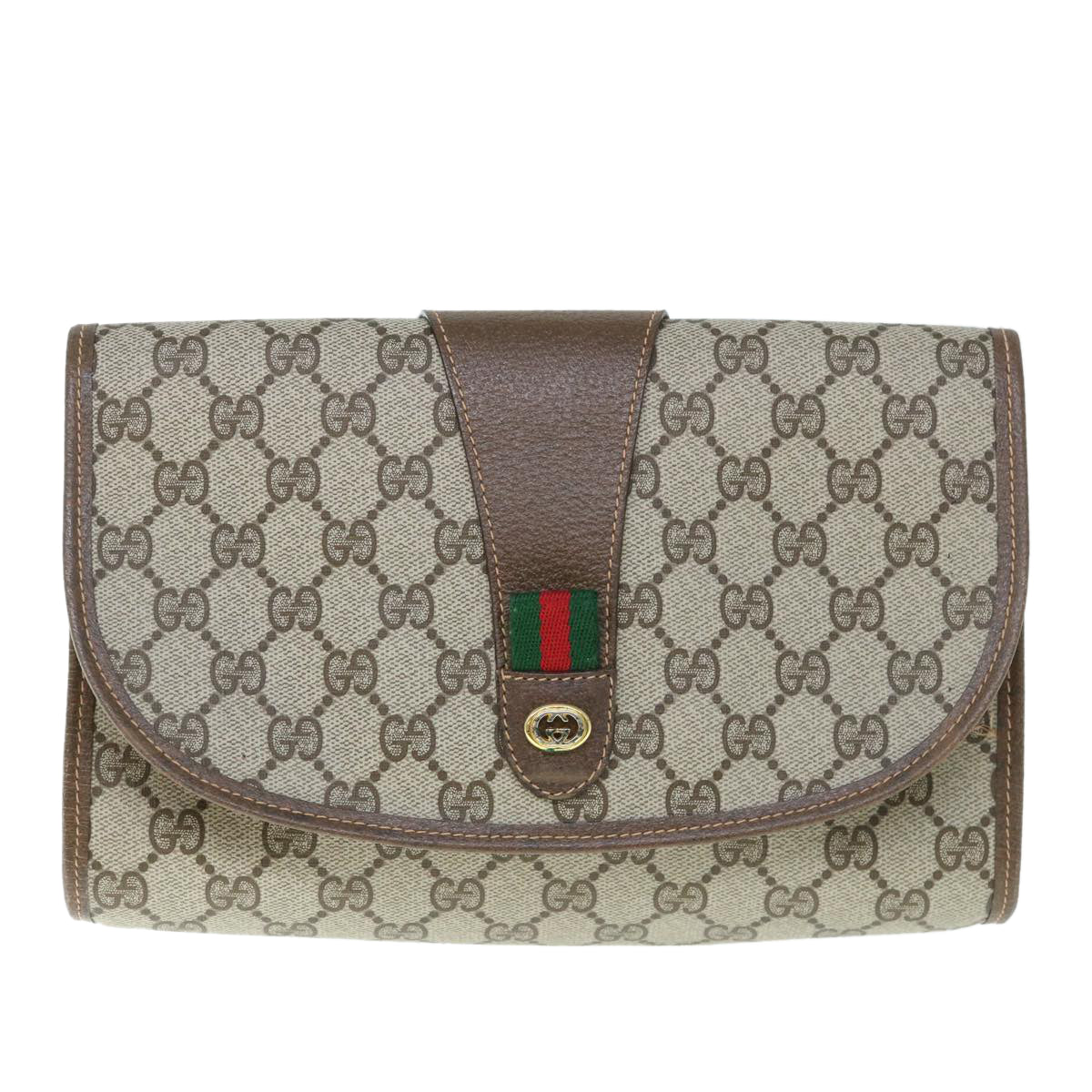 GUCCI GG Canvas Web Sherry Line Clutch Bag PVC Beige Red Green Auth 59987