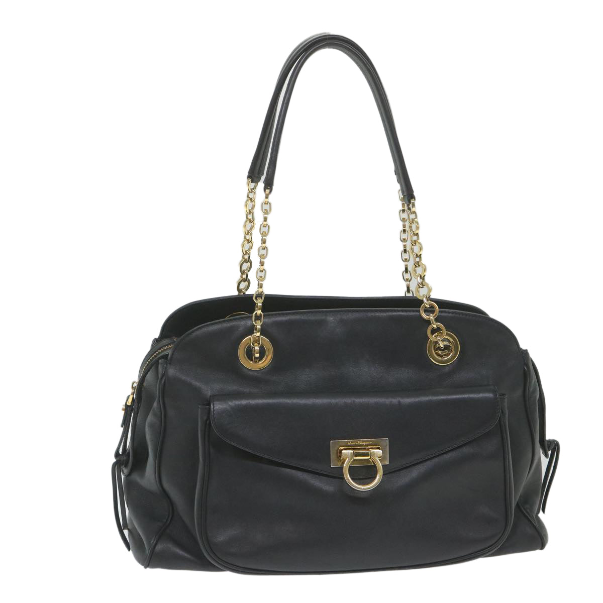 Salvatore Ferragamo Chain Shoulder Bag Leather Black Auth 59997