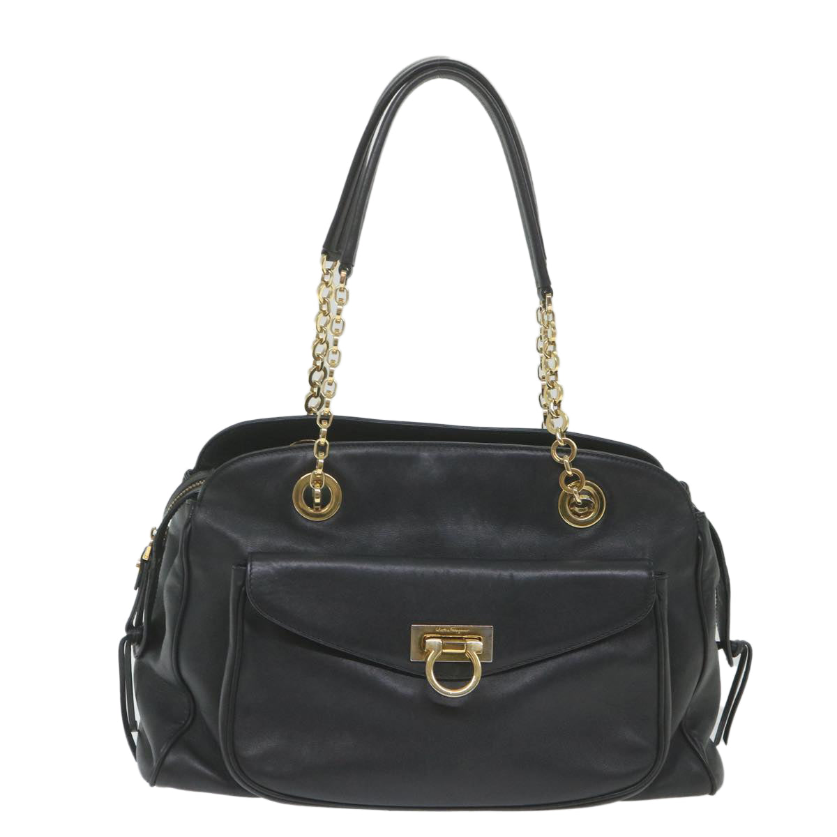 Salvatore Ferragamo Chain Shoulder Bag Leather Black Auth 59997 - 0
