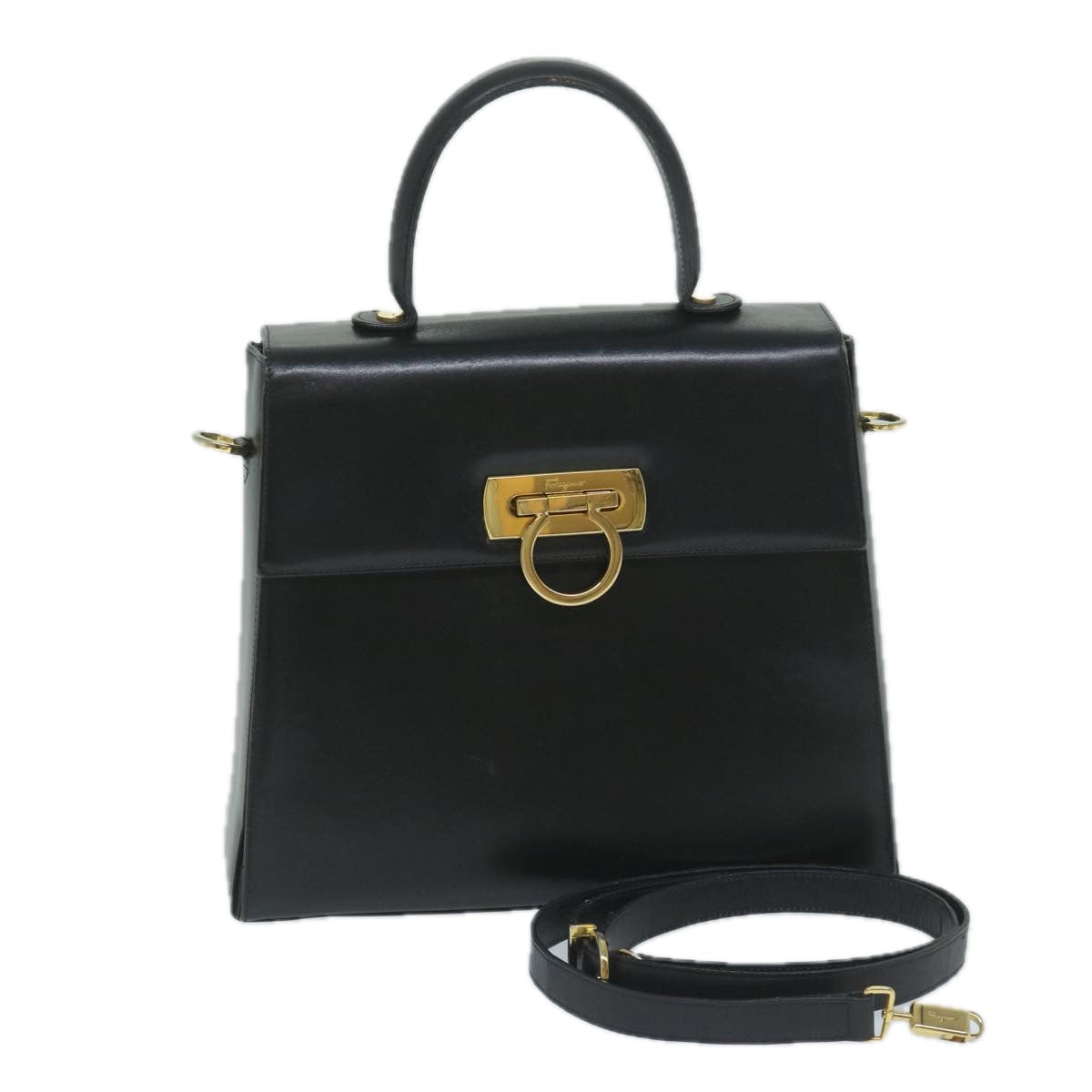 Salvatore Ferragamo Gancini Hand Bag Leather Black Auth 60124