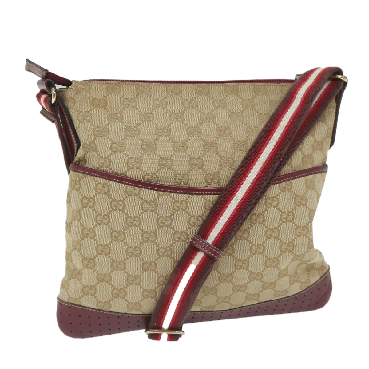 GUCCI GG Canvas Sherry Line Shoulder Bag Beige Red 145857 Auth 60140