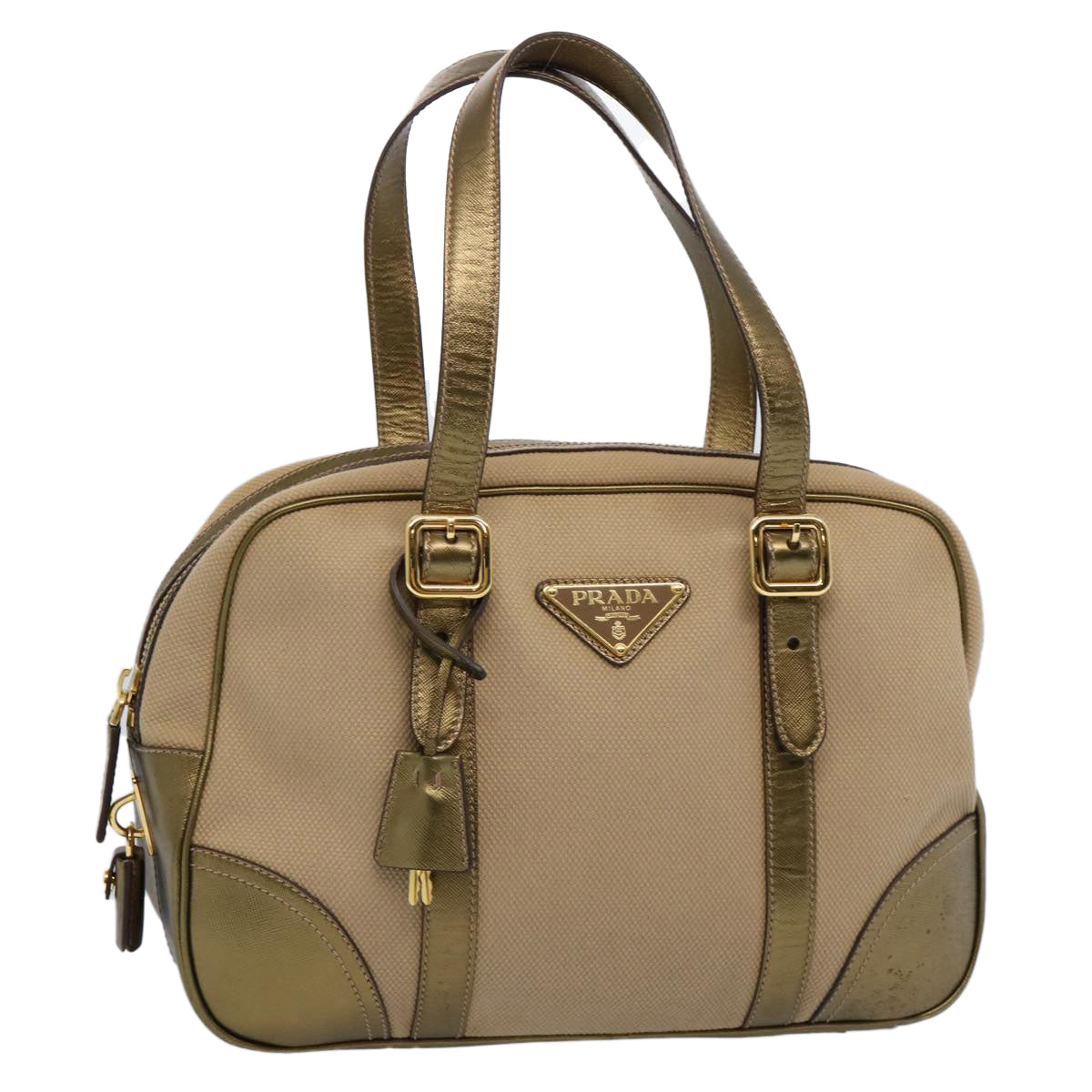 PRADA Hand Bag Canvas Gold Auth 60299