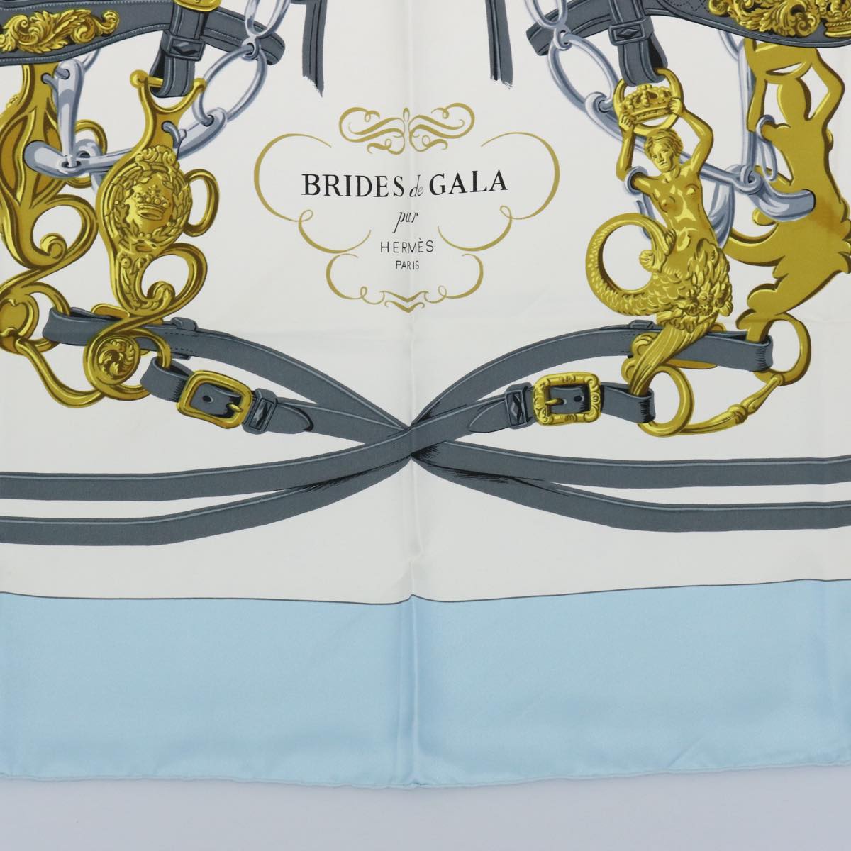 HERMES Carre 90 BRIDES DE GALA Scarf Silk Light Blue Auth 60363