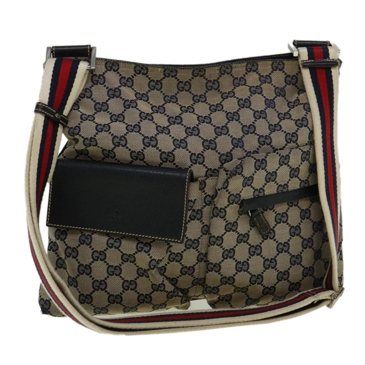 GUCCI GG Canvas Sherry Line Shoulder Bag Navy Red 169937 Auth 60393