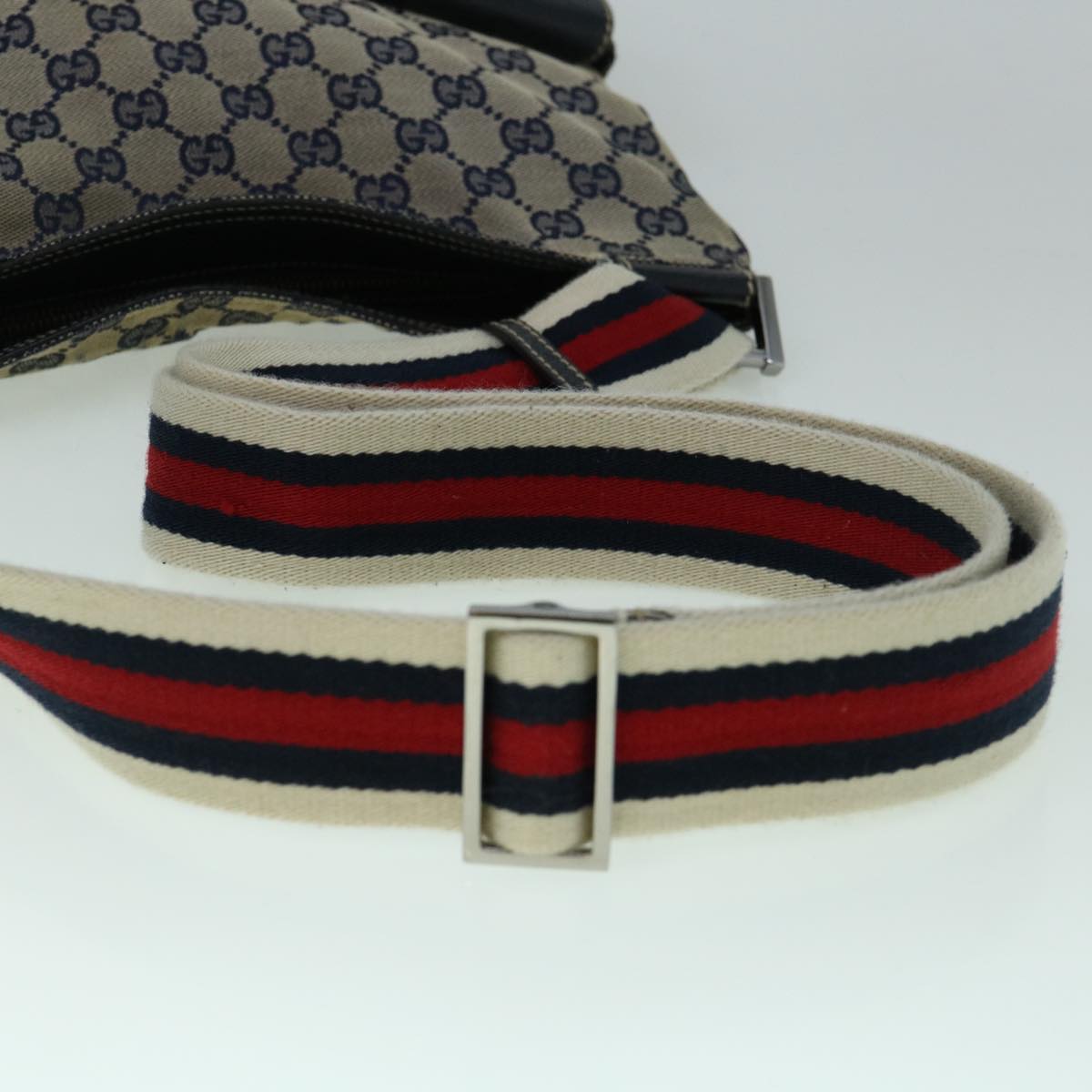 GUCCI GG Canvas Sherry Line Shoulder Bag Navy Red 169937 Auth 60393