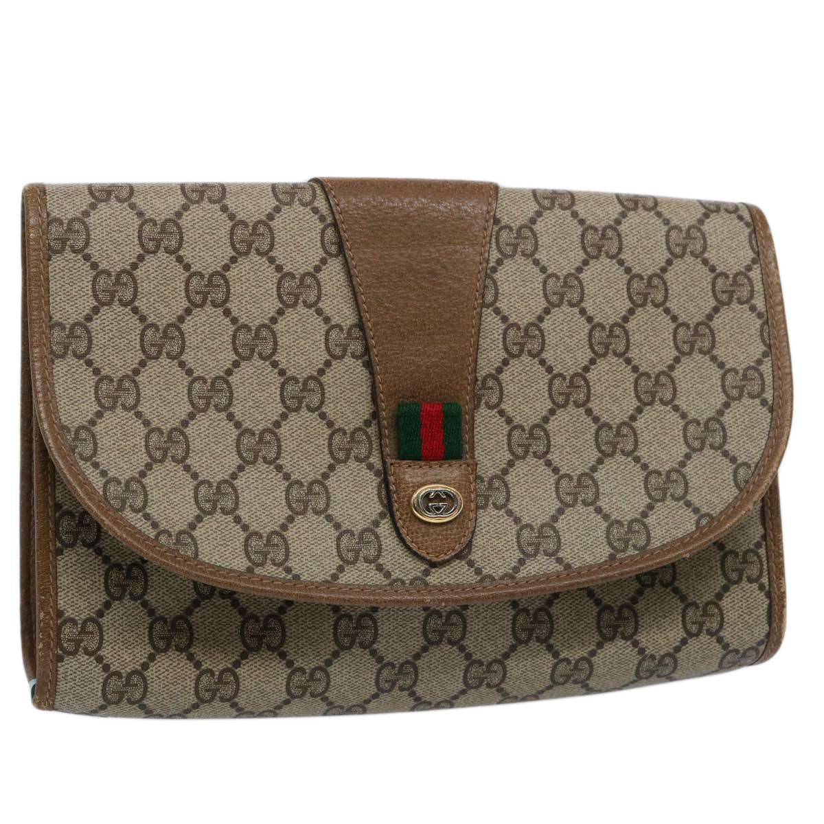 GUCCI GG Supreme Web Sherry Line Clutch Bag Beige Red Green 89 01 030 Auth 60457