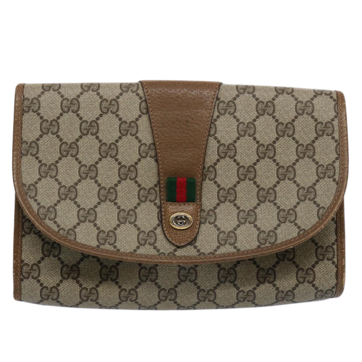 GUCCI GG Supreme Web Sherry Line Clutch Bag Beige Red Green 89 01 030 Auth 60457 - 0