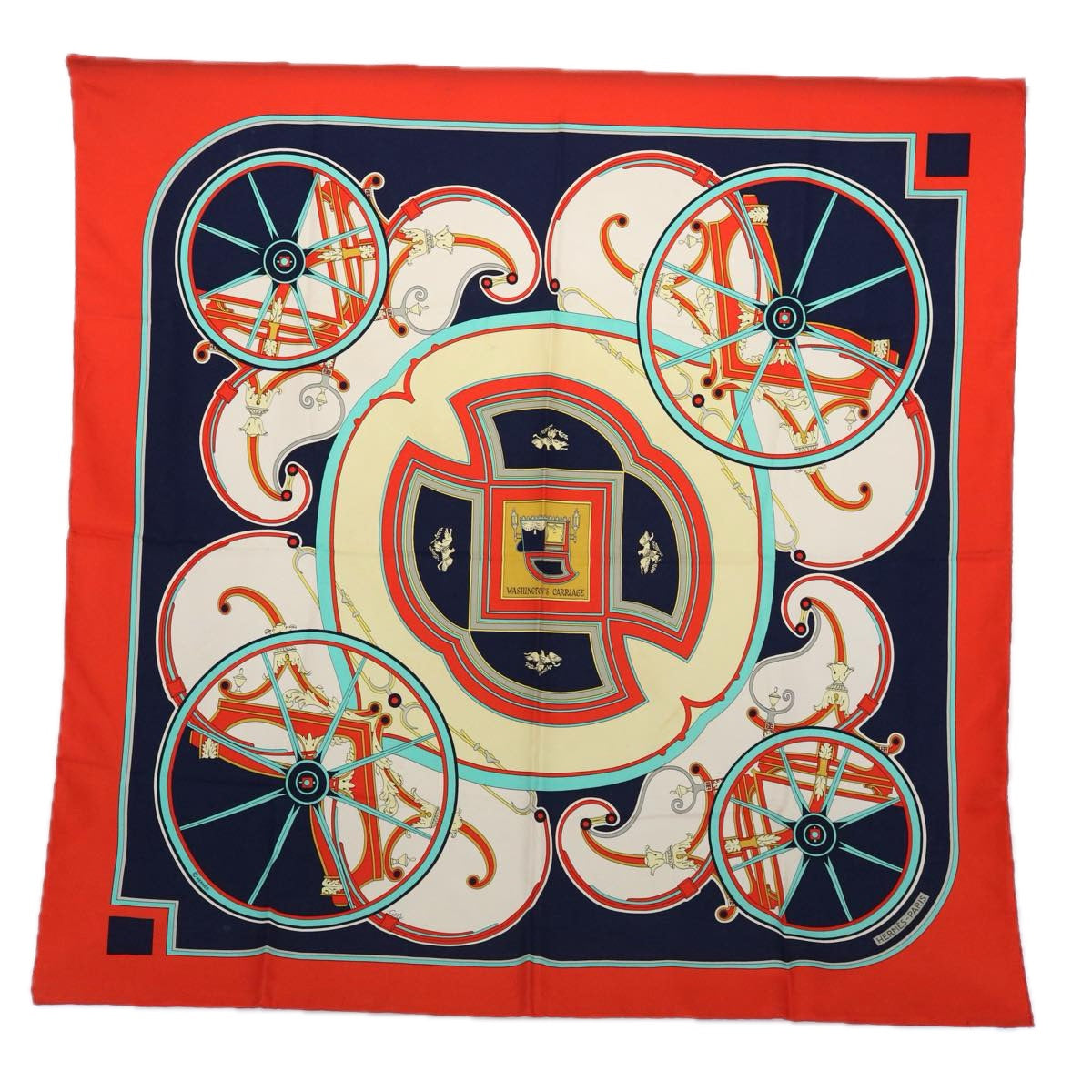 HERMES Carre 90 WASHINGTON'S CARRIAGE Scarf Silk Red Navy Auth 60587