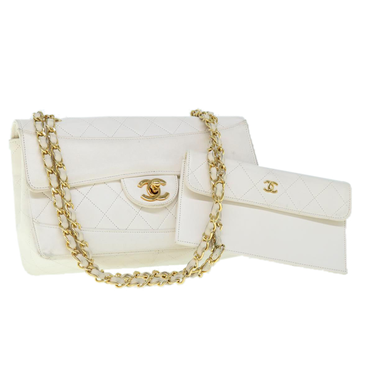 CHANEL Matelasse Chain Shoulder Bag Leather White CC Auth 60754A