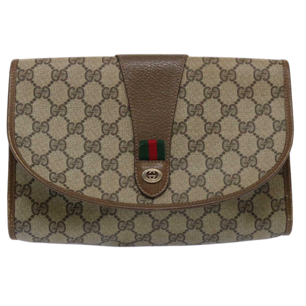 GUCCI GG Supreme Web Sherry Line Clutch Bag Beige Red Green 89 01 030 Auth 60861 - 0