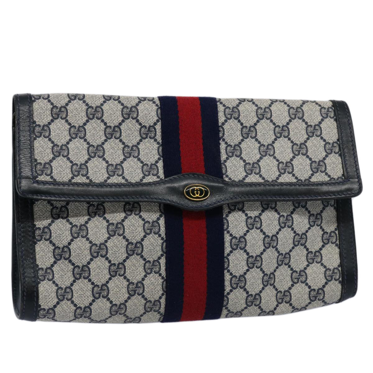 GUCCI GG Supreme Sherry Line Clutch Bag Red Navy 41 014 3087 30 Auth 60875