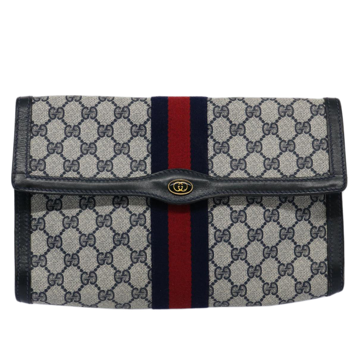 GUCCI GG Supreme Sherry Line Clutch Bag Red Navy 41 014 3087 30 Auth 60875 - 0