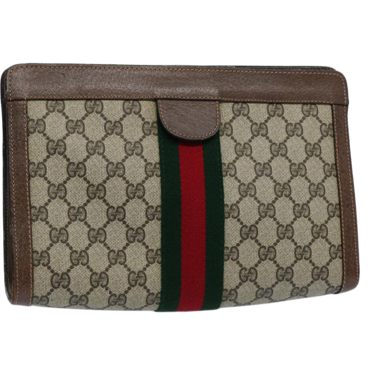 GUCCI GG Supreme Web Sherry Line Clutch Bag Beige Red Green 89 01 002 Auth 60941