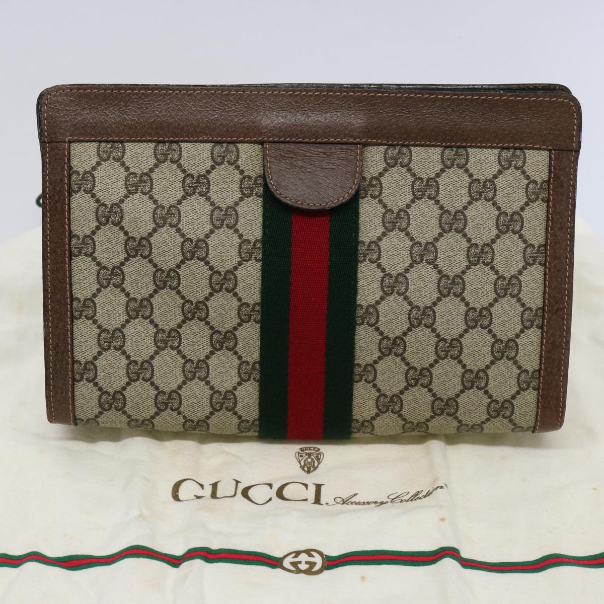 GUCCI GG Supreme Web Sherry Line Clutch Bag Beige Red Green 89 01 002 Auth 60941