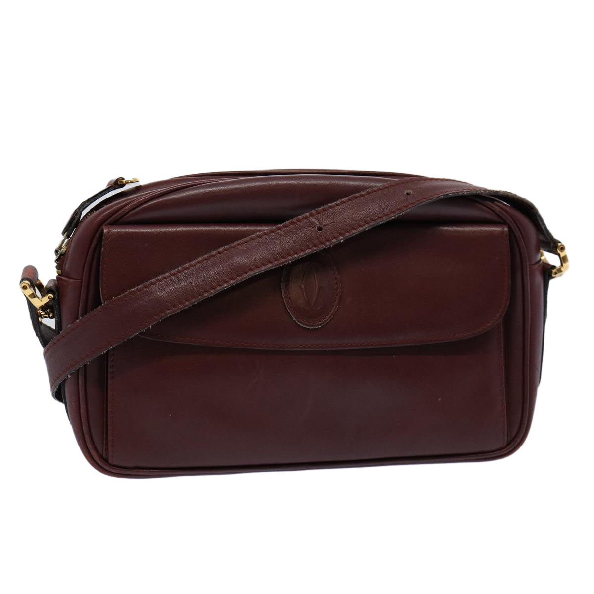 CARTIER Shoulder Bag Leather Wine Red Auth 60969