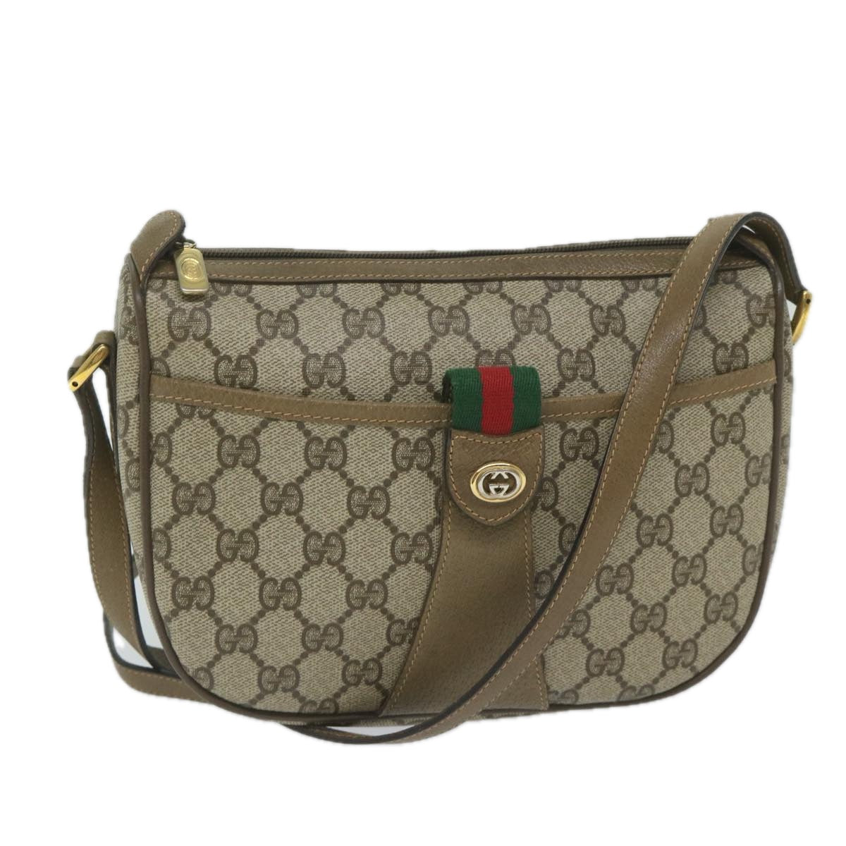 GUCCI GG Canvas Web Sherry Line Shoulder Bag PVC Beige Green Red Auth 60976