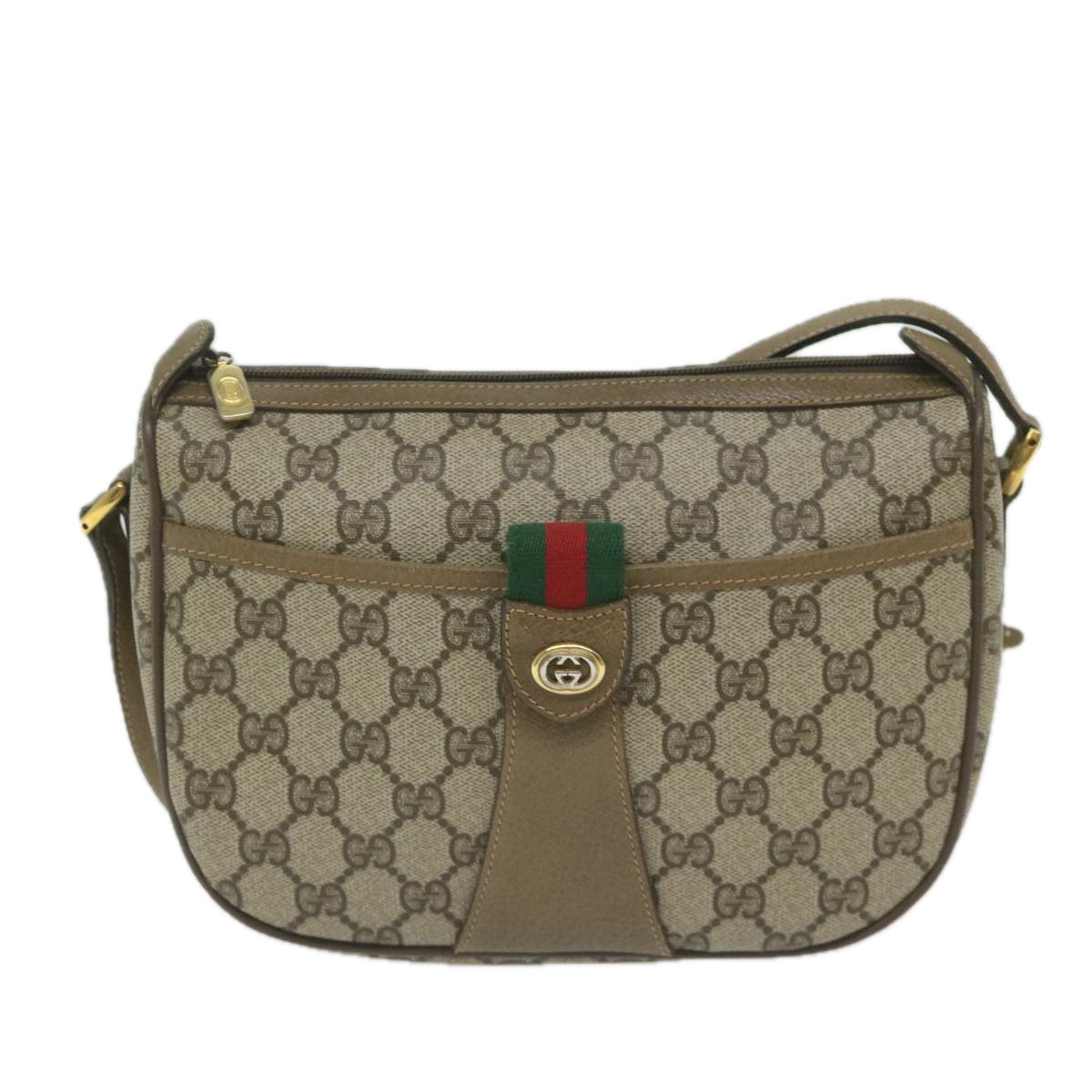 GUCCI GG Canvas Web Sherry Line Shoulder Bag PVC Beige Green Red Auth 60976