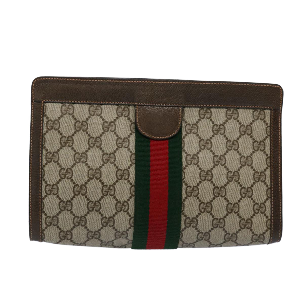 GUCCI GG Canvas Web Sherry Line Clutch Bag PVC Beige Green Red Auth 60982 - 0