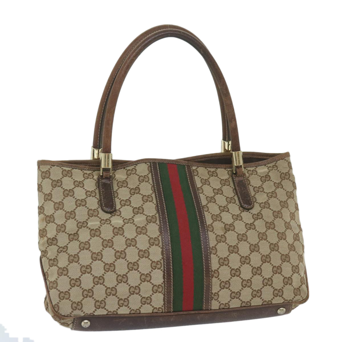 GUCCI GG Canvas Web Sherry Line Tote Bag Beige Red Green 161717 Auth 61031