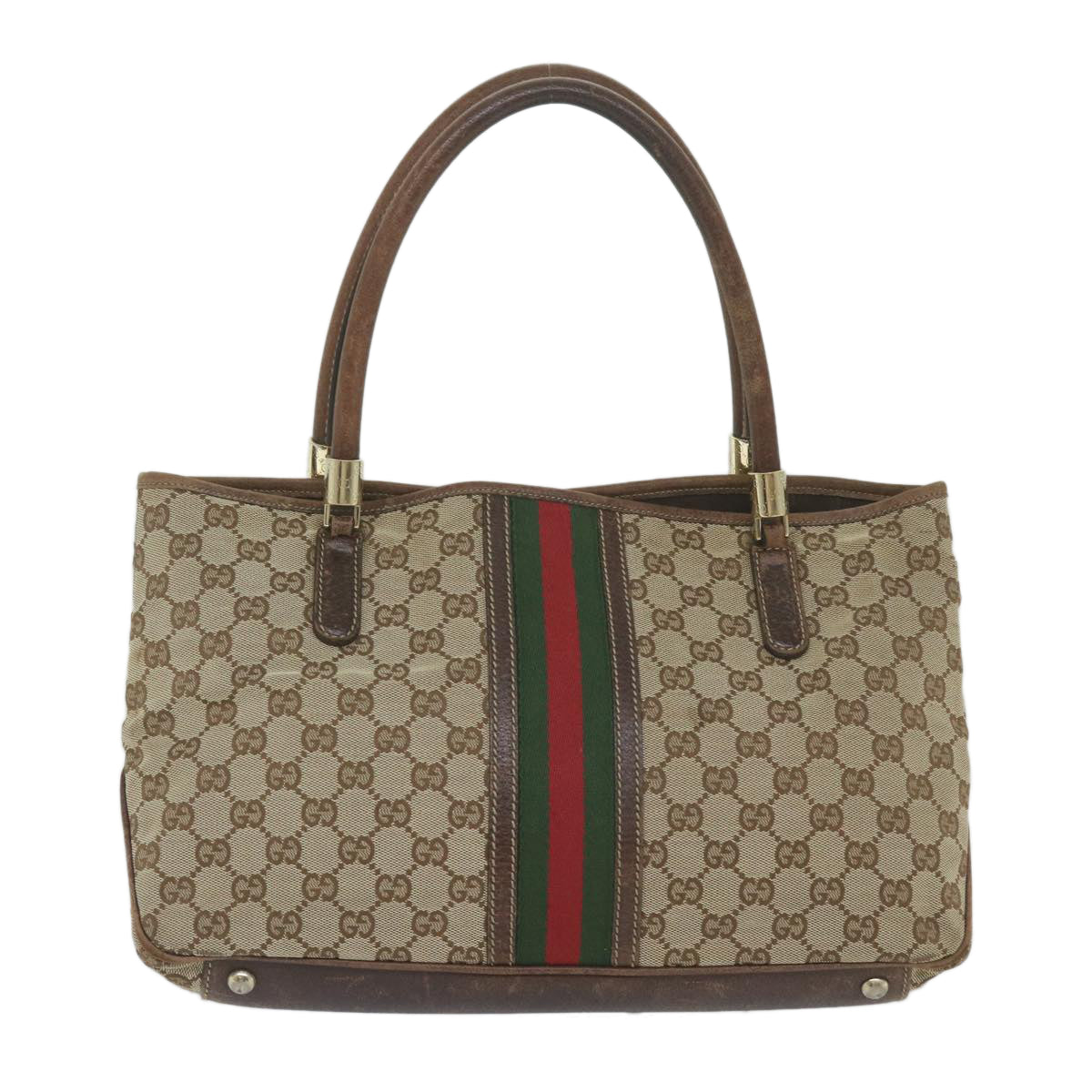 GUCCI GG Canvas Web Sherry Line Tote Bag Beige Red Green 161717 Auth 61031