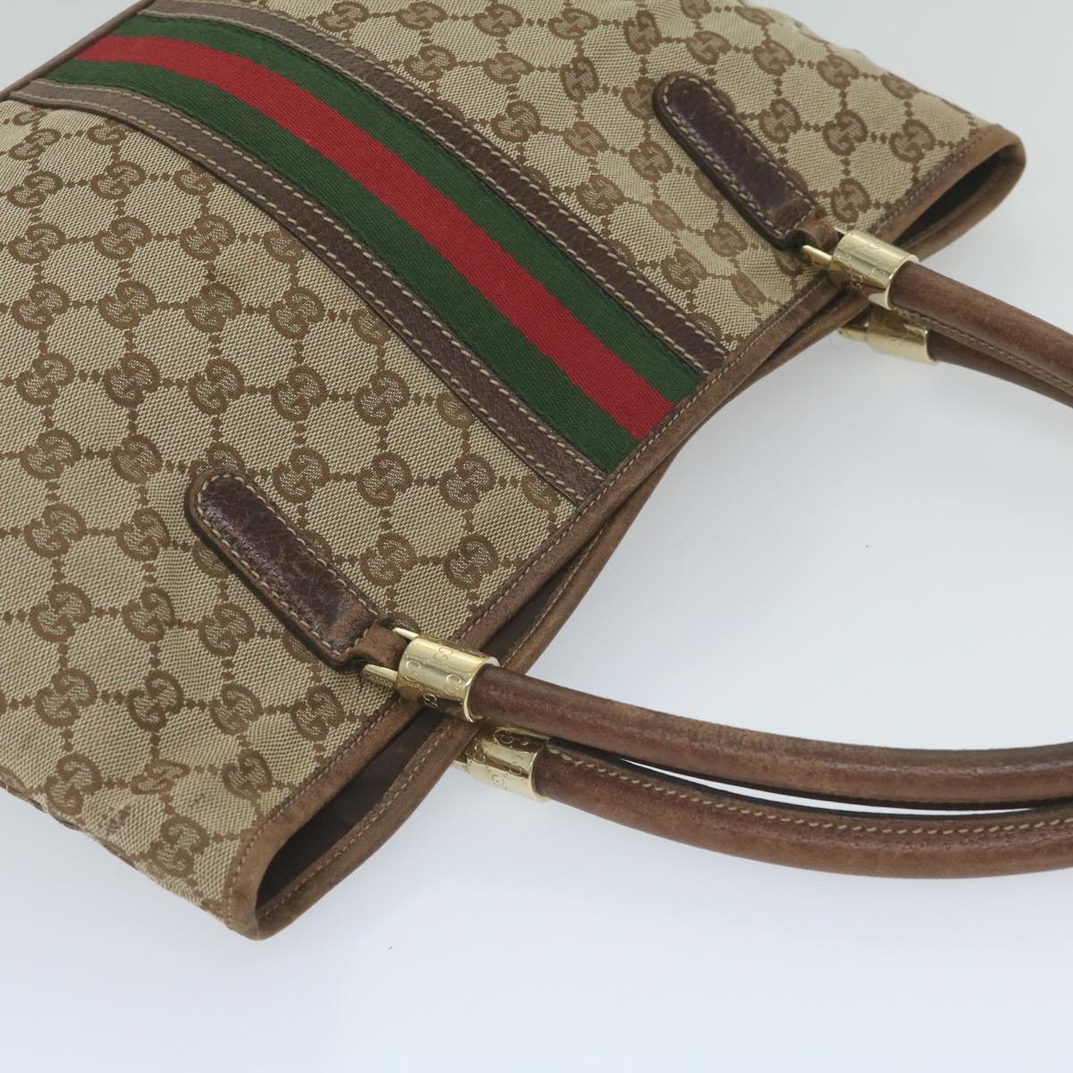 GUCCI GG Canvas Web Sherry Line Tote Bag Beige Red Green 161717 Auth 61031