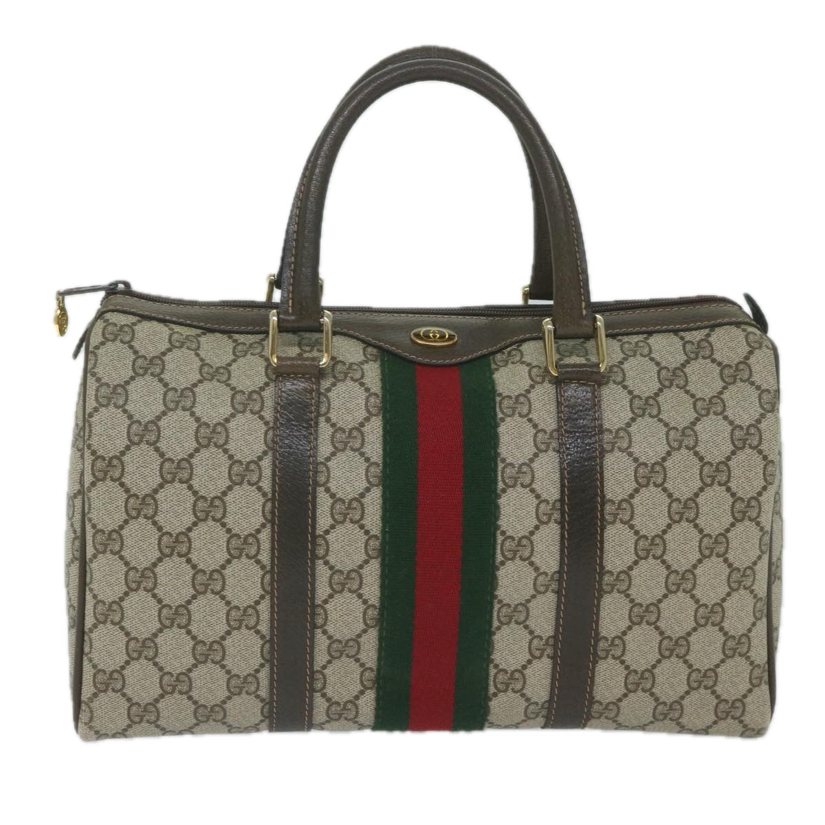 GUCCI GG Canvas Web Sherry Line Boston Bag PVC Beige Green Red Auth 61067 - 0