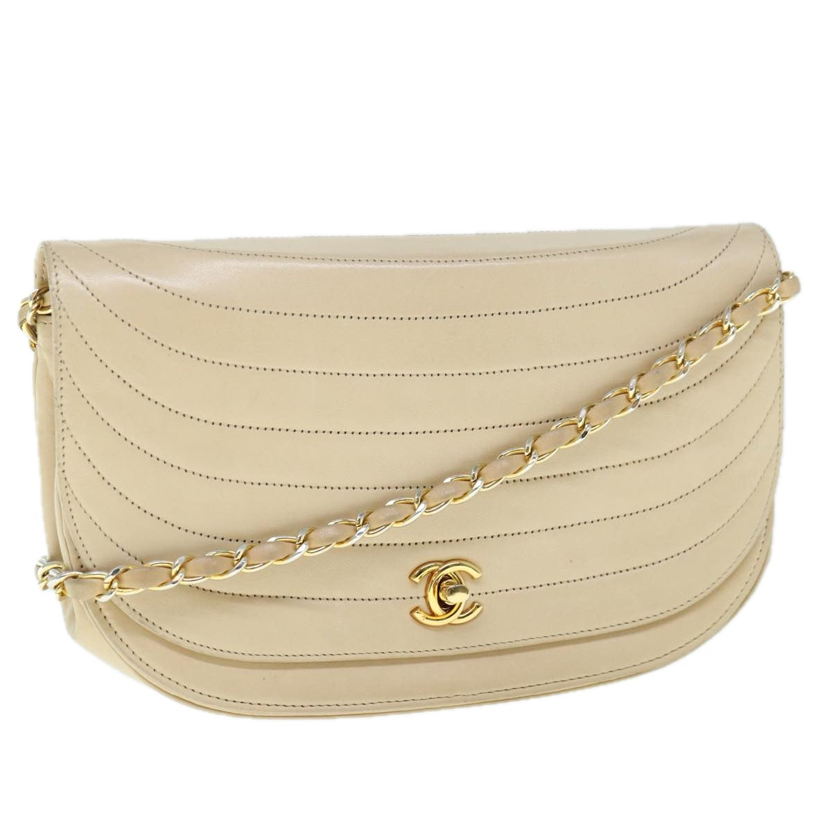 CHANEL Turn Lock Half Moon Chain Shoulder Bag Lamb Skin Beige CC Auth 61109