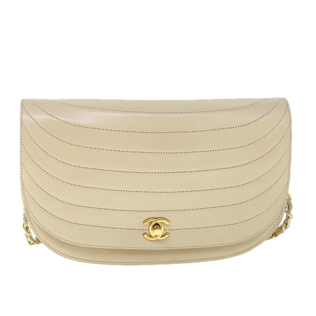 CHANEL Turn Lock Half Moon Chain Shoulder Bag Lamb Skin Beige CC Auth 61109