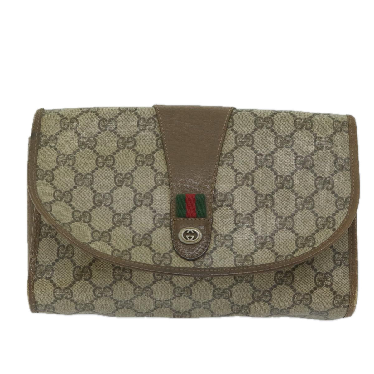 GUCCI GG Canvas Web Sherry Line Clutch Bag PVC Beige Green Red Auth 61258