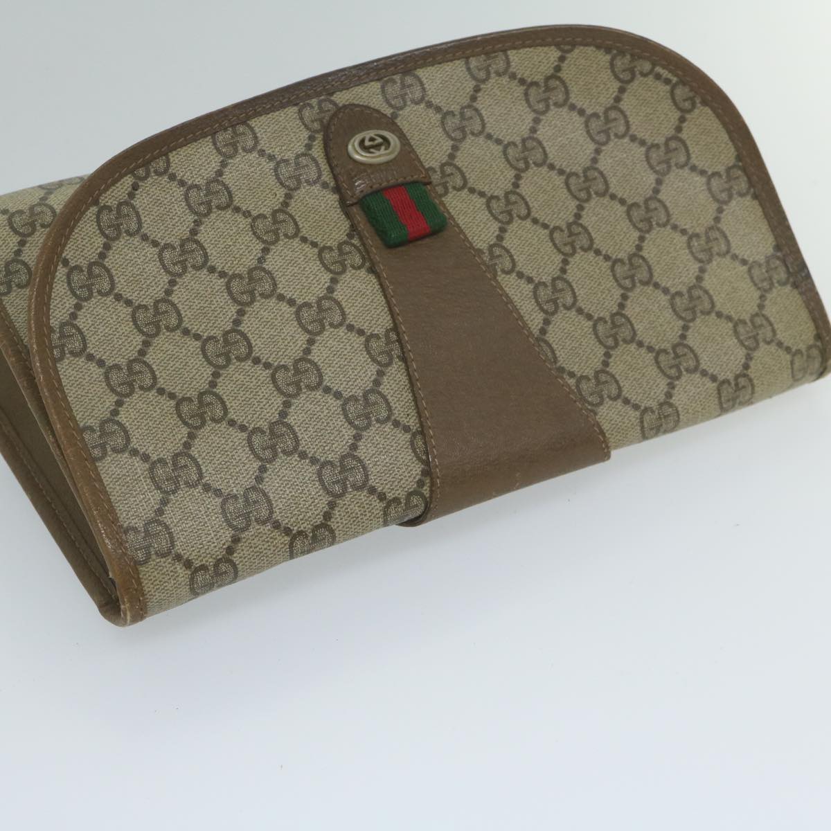 GUCCI GG Canvas Web Sherry Line Clutch Bag PVC Beige Green Red Auth 61258