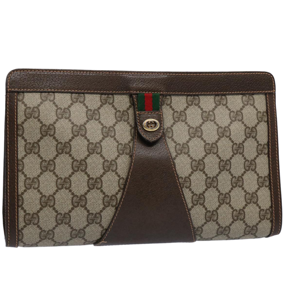 GUCCI GG Supreme Web Sherry Line Clutch Bag Beige Red 156 01 033 Auth 61313