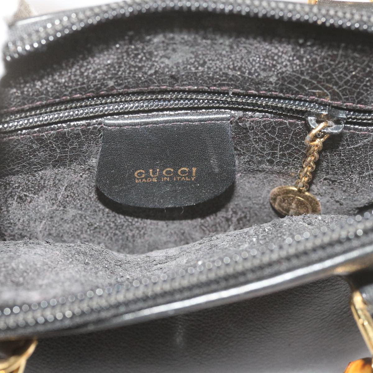 GUCCI Bamboo Hand Bag Leather 2way Black 007 2032 0231 Auth 61324