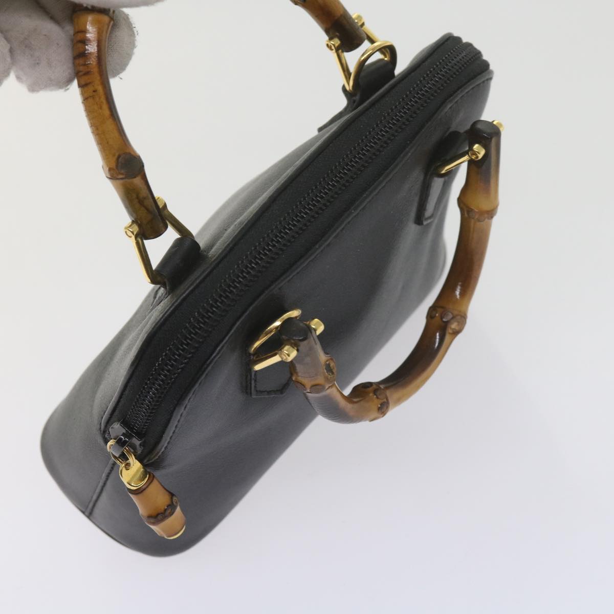 GUCCI Bamboo Hand Bag Leather 2way Black 007 2032 0231 Auth 61324