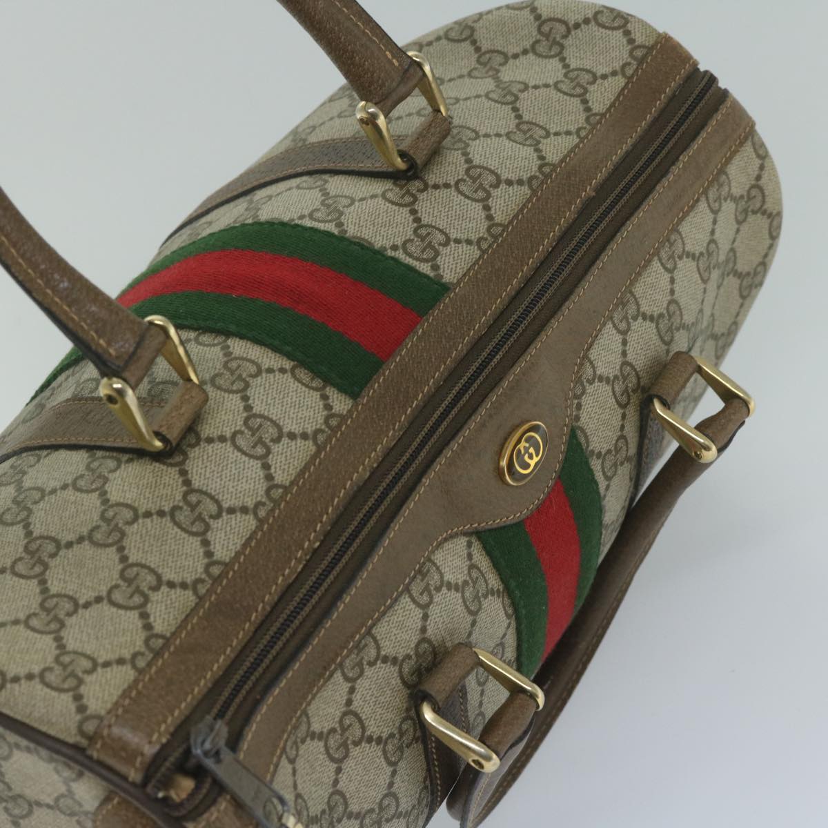 GUCCI GG Canvas Web Sherry Line Hand Bag PVC Beige Red Green Auth 61347