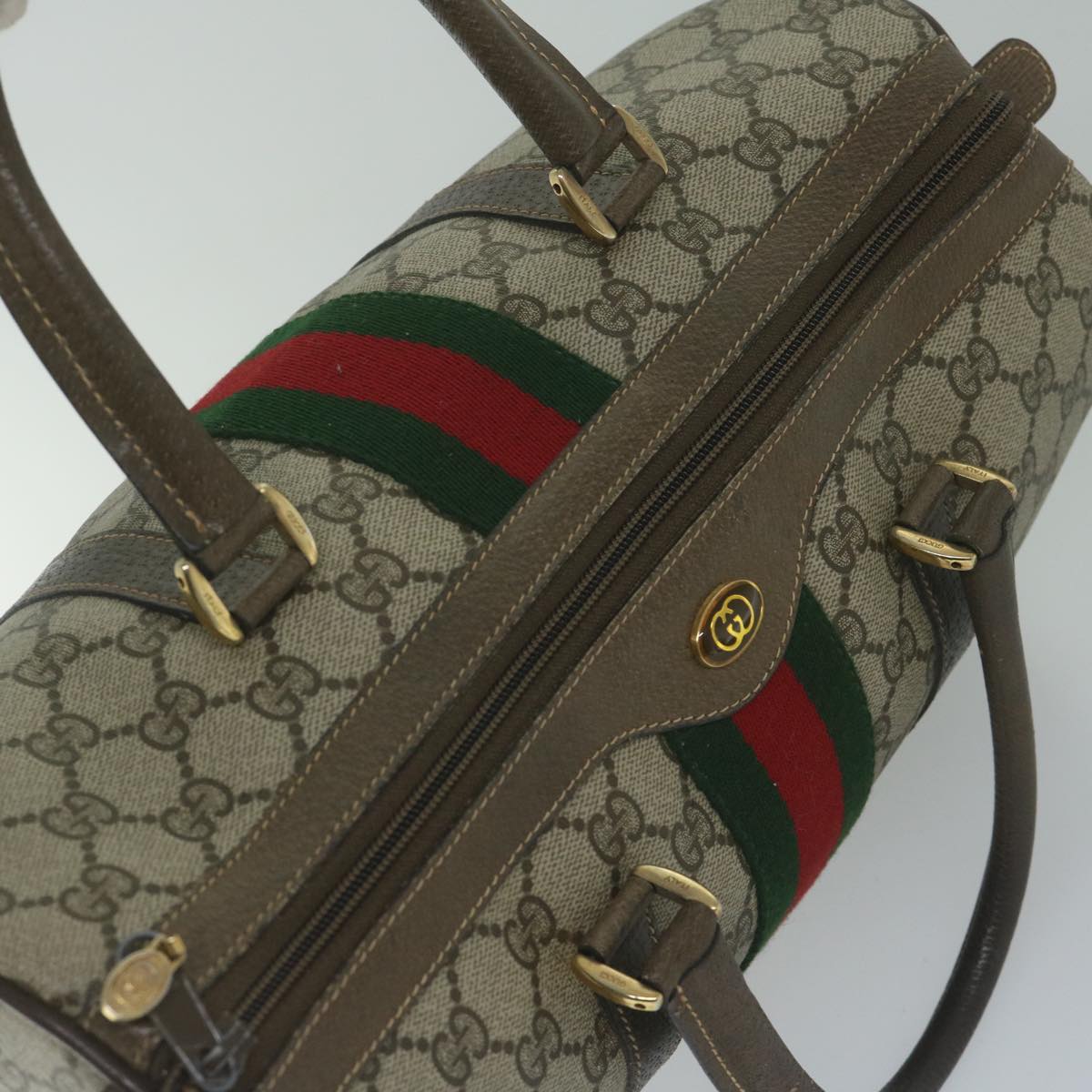 GUCCI GG Canvas Web Sherry Line Hand Bag PVC Beige Red Green Auth 61348