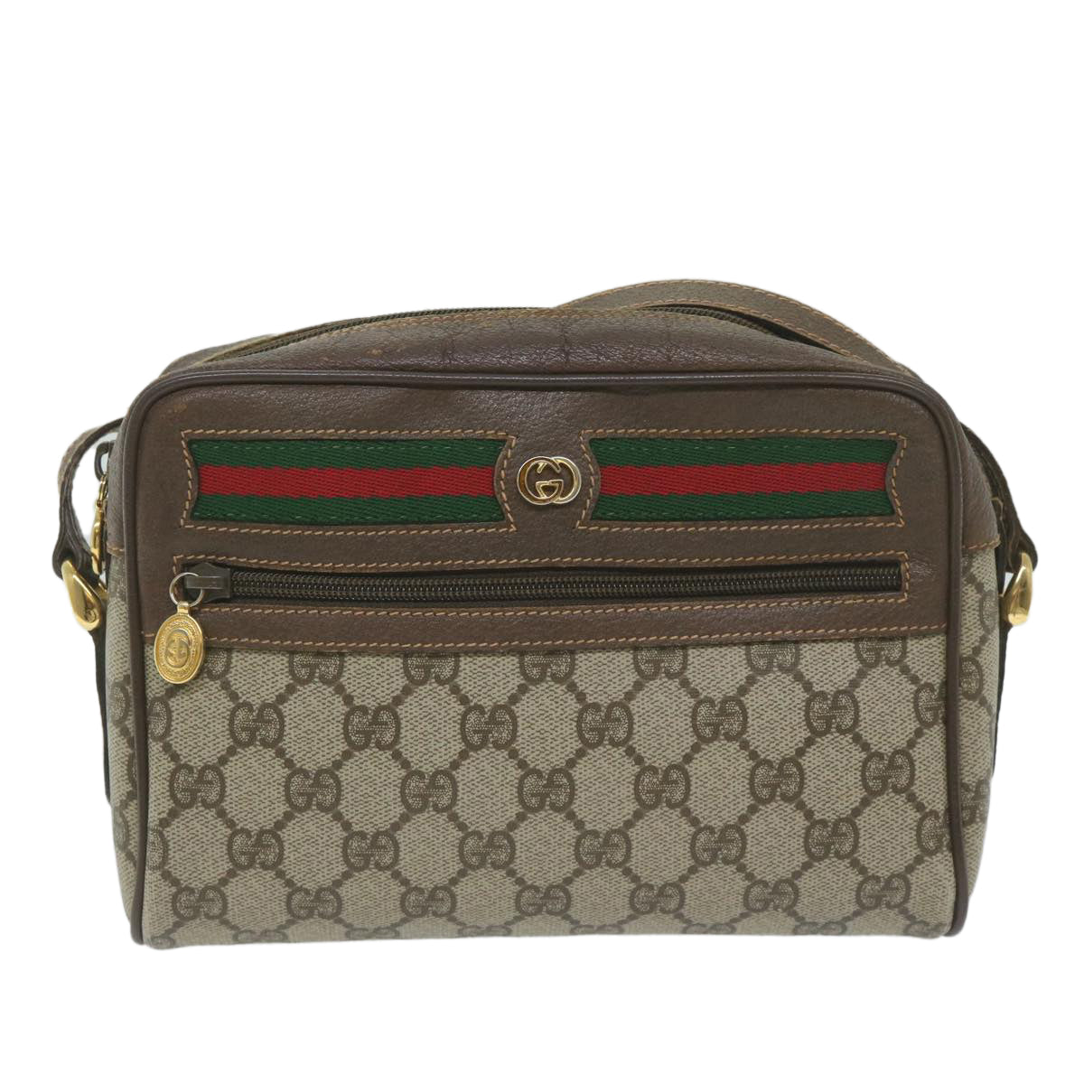 GUCCI GG Canvas Web Sherry Line Shoulder Bag PVC Beige Red Green Auth 61350