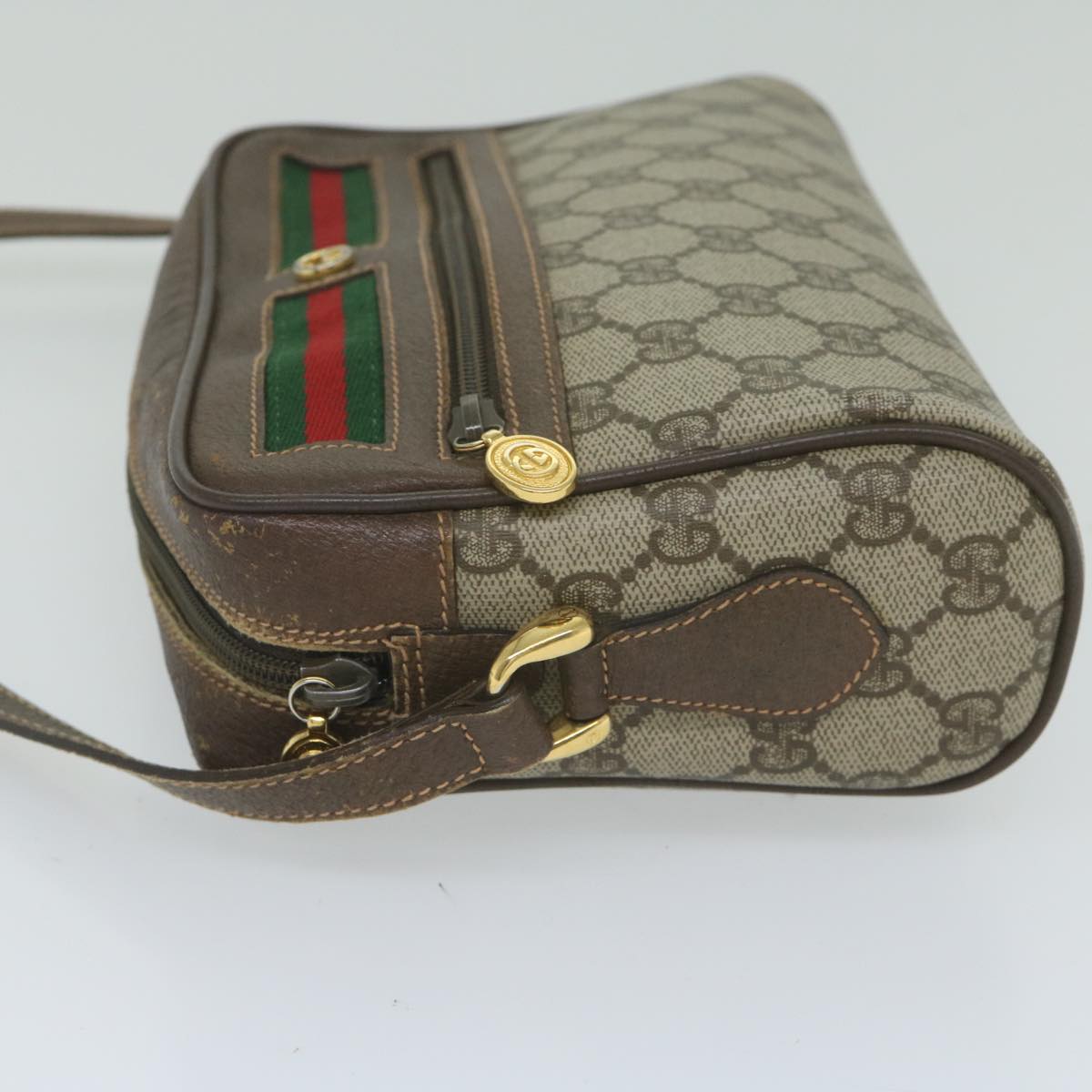 GUCCI GG Canvas Web Sherry Line Shoulder Bag PVC Beige Red Green Auth 61350