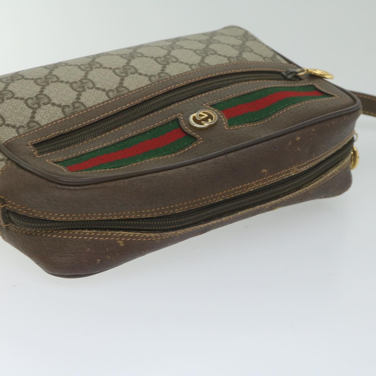 GUCCI GG Canvas Web Sherry Line Shoulder Bag PVC Beige Red Green Auth 61350