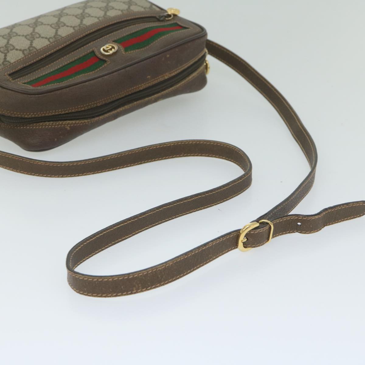 GUCCI GG Canvas Web Sherry Line Shoulder Bag PVC Beige Red Green Auth 61350