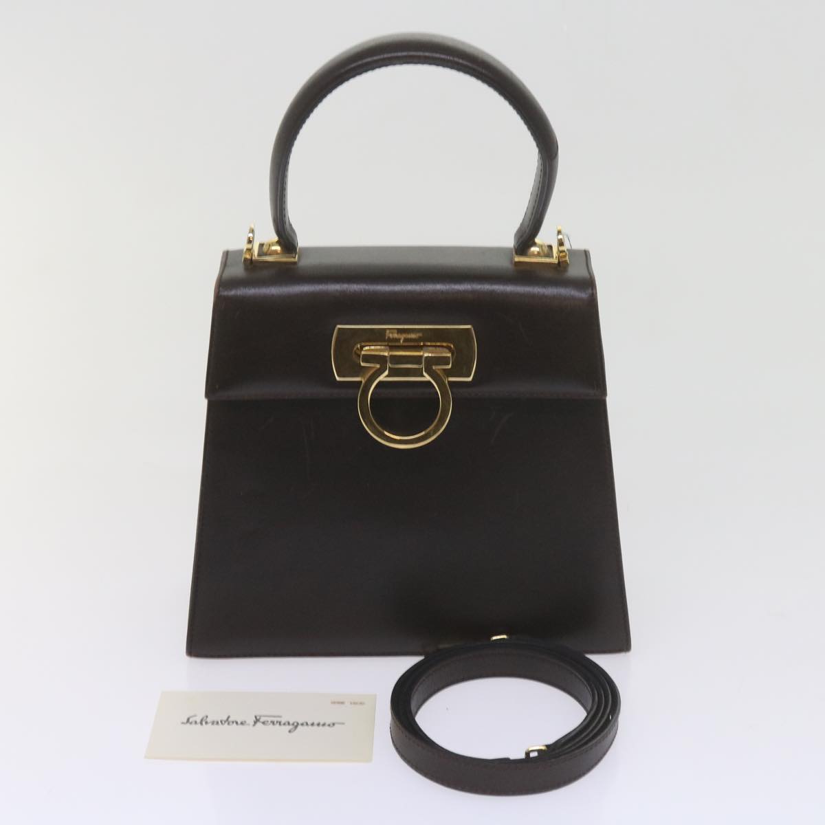 Salvatore Ferragamo Gancini Hand Bag Leather 2way Brown Auth 61461