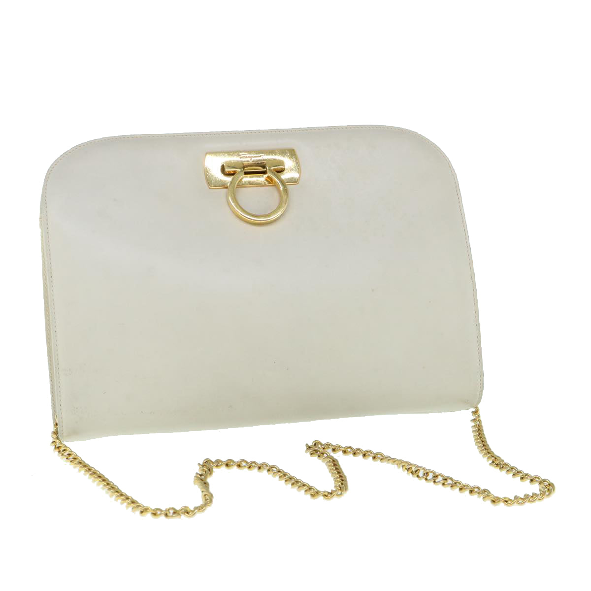 Salvatore Ferragamo Gancini Chain Shoulder Bag Leather White Auth 61465