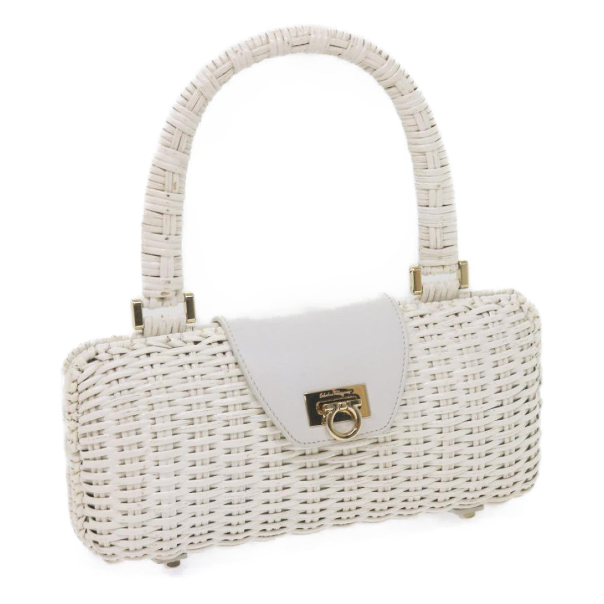 Salvatore Ferragamo Wicker Gancini Hand Bag Wood Leather White Auth 61467A