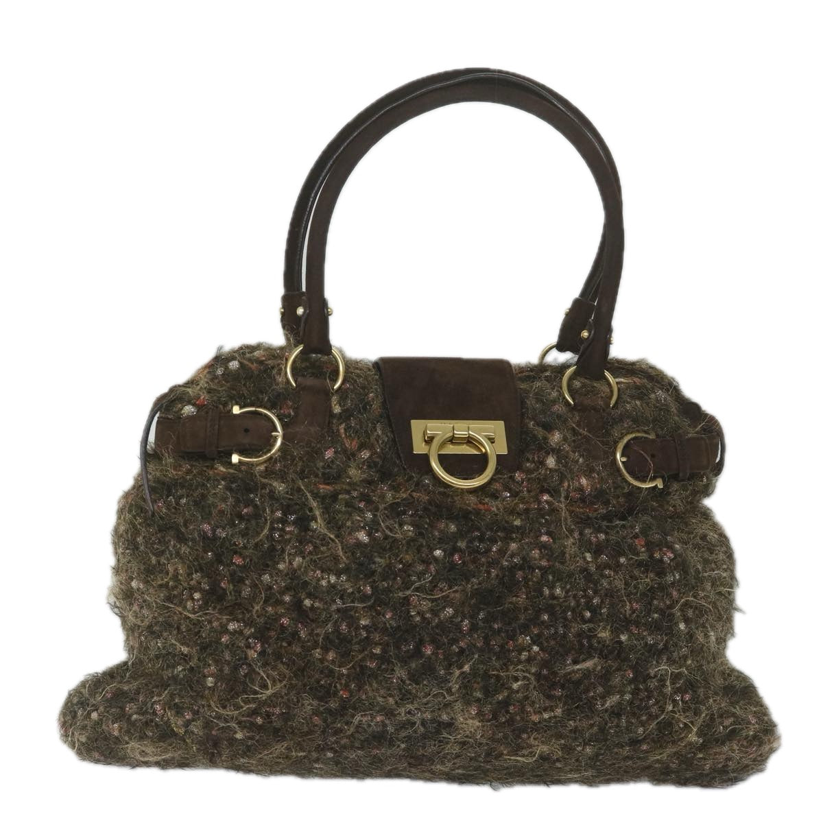 Salvatore Ferragamo Gancini Hand Bag Tweed Brown Auth 61493 - 0