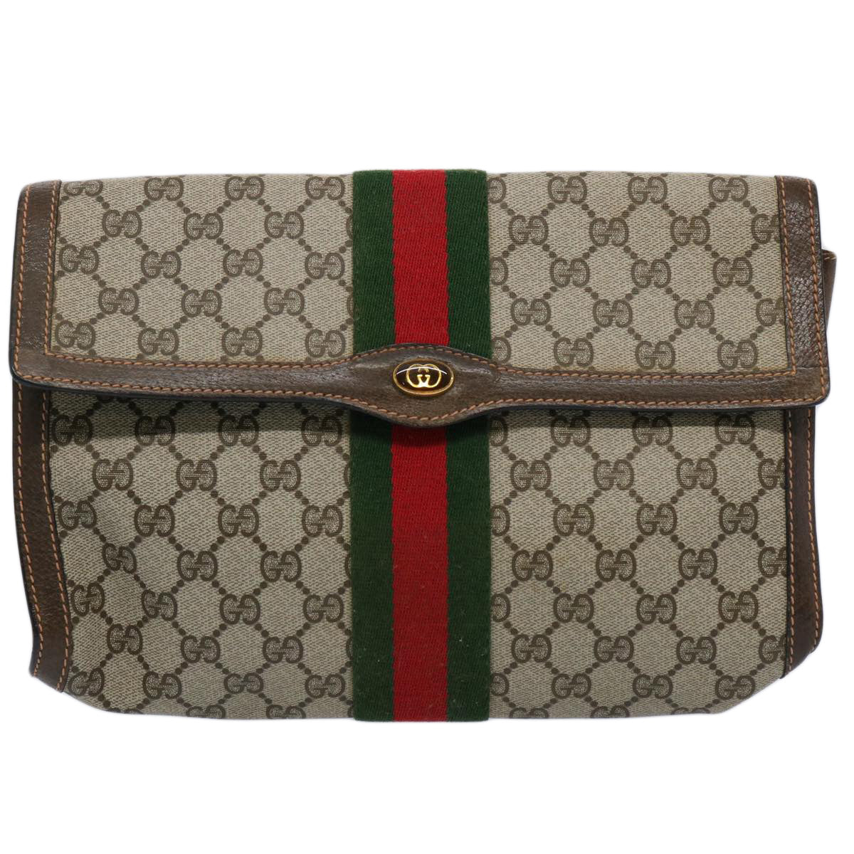 GUCCI GG Supreme Web Sherry Line Clutch Bag Beige Red Green 89 01 007 Auth 61533 - 0